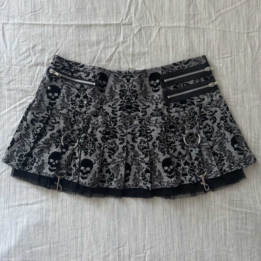 HELL BUNNY Velvet Skull Houndstooth Print Pleated Layered Mini Skirt